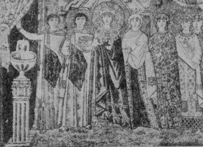 Императрица Феодора со свитой. Мозаика в церкви Сан-Витале в Равенне